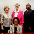 2012 HIPPY Heroes Clarke County Commission:  Left to Right:  Commissioner Elma Averett, Commissioner Karen Bradford, Commissioner Patricia DuBose, Commissioner Tyrone Moye and Commissioner Rhondel Rhone.  Seated is County Administrator, Annie D. "Lois" Morris.